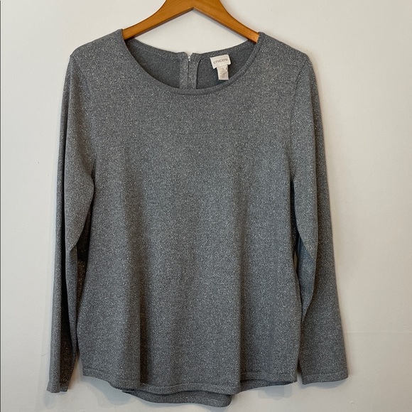 Chico’s Women’s Long Sleeve Glittery Silver Crewneck Blouse XL - Picture 1 of 7